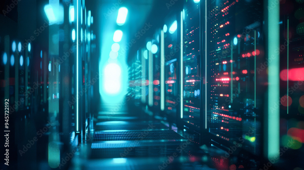 Poster a row of computer servers in a data center. concept of cyberspace, communication and technology.