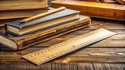 A rustic wooden ruler lies on a worn desk, surrounded by scattered papers and opened books, implying a sense of established guidelines and academic diligence.