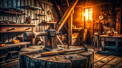 A rusty, worn, ancient mill-faced hammer rests against a weathered wooden beam, surrounded by scattered tools and rustic metalworking equipment in a dimly lit workshop.