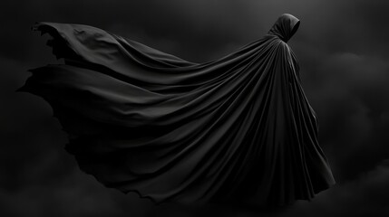 Naklejka premium Mystical Hooded Figure Cloaked in Shadows Amid Dark Stormy Skies