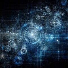 Obraz premium Abstract blue digital technology background with gears and cogs, dark color palette 