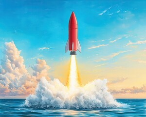 Fototapeta premium A red rocket launches over the ocean, surrounded by clouds, symbolizing adventure and innovation in a vibrant sunset.