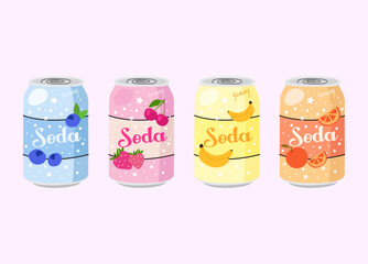 Illustration of a set of soda cans on a light pink background.