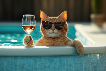 A cat with sunglasses in a pool holding a glass of wine