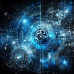 Obraz premium Abstract blue digital technology background with gears and cogs, dark color palette 