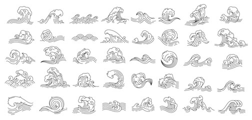 Asian Japanese or Chinese sea and ocean wave icons, vector thin line art decoration. Wave icon of sea water ripples and ocean tide surfs with wavy splash for Asian Japanese or Chinese ornament pattern