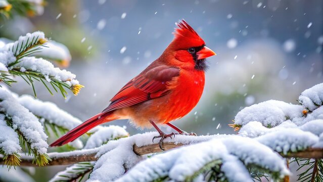 Vibrant male cardinal perches on snowy branch, showcasing bright red plumage against winter wonderland backdrop, emphasizing North America's iconic and colorful avifauna.