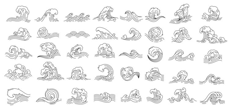 Asian Japanese or Chinese sea and ocean wave icons, vector thin line art decoration. Wave icon of sea water ripples and ocean tide surfs with wavy splash for Asian Japanese or Chinese ornament pattern