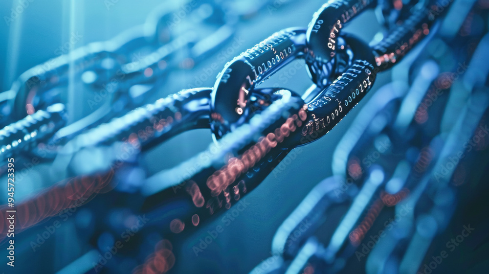 Poster digital blue chain with binary code on a dark background