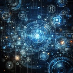 Abstract blue digital technology background with gears and cogs, dark color palette
