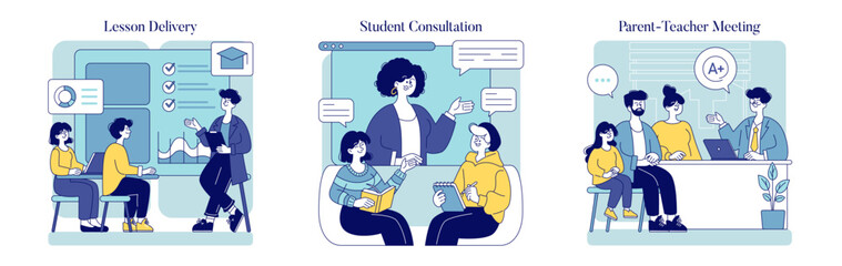 Teachers Everyday Life. Flat Vector Illustration