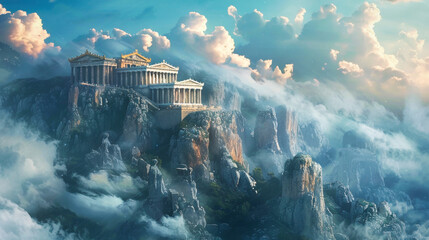 Mount Olympus, the magnificent house of the greek gods, surrounded by clouds
