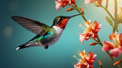 Hummingbird and Hamelia Flowers, Realistic Vector of Male Bee Hummingbird Sipping Nectar