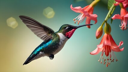 Hummingbird and Hamelia Flowers, Realistic Vector of Male Bee Hummingbird Sipping Nectar