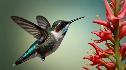 Fototapeta premium Hummingbird and Hamelia Flowers, Realistic Vector of Male Bee Hummingbird Sipping Nectar