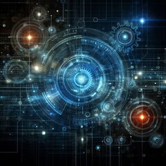 Abstract blue digital technology background with gears and cogs, dark color palette
