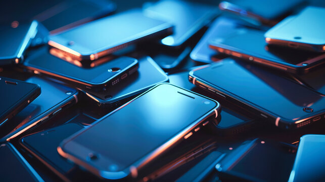 A pile of mobile phones with varying screen sizes and shapes