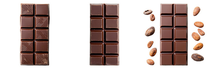 Assorted chocolate bars and cocoa beans isolated on transparent background