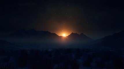Mystical Glowing Lights Illuminate the Distant Brown Mountain Peaks at Twilight