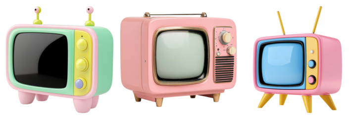 Retro TV sets in different colors isolated on transparent background