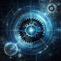 Fototapeta premium Abstract blue digital technology background with gears and cogs, dark color palette 