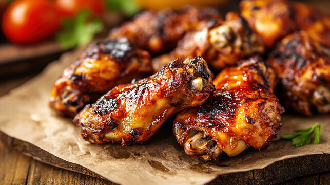 Close-up of grilled chicken wings with a golden-brown, crispy exterior and juicy interior, set against a rustic background, highlighting the rich flavors and appealing textures of the dish.