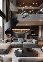 living room with spiral stairs  and loft space 