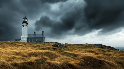Ominous Lighthouse on Windswept Flannan Isles in Turbulent Weather