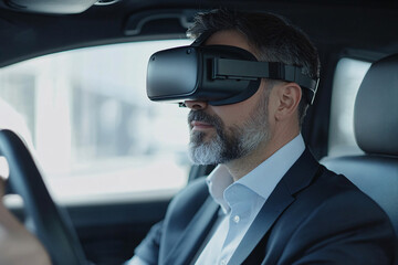Virtual Reality Test Drive: A businessman experiences a car simulation through a VR headset, showcasing the future of automotive technology. 