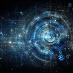Obraz premium Abstract blue digital technology background with gears and cogs, dark color palette 