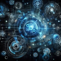 Obraz premium Abstract blue digital technology background with gears and cogs, dark color palette 