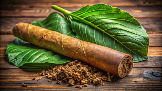 A single, hand-rolled cigar rests on a rustic wooden surface, surrounded by fresh green tobacco leaves and a few stray strands of loose tobacco fiber.
