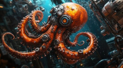 Obraz premium Steampunk octopus in a deep-sea setting, designed as a cyborg. The blend of mechanical and marine elements creates a unique and imaginative visual.