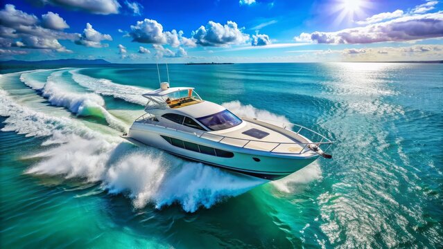 A sleek, high-performance powerboat zooms across turquoise waters, leaving a trail of frothy white foam and radiating excitement and speed in a sunny ocean scene.