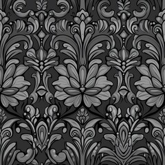 Elegant black and gray floral pattern with ornate detailing.