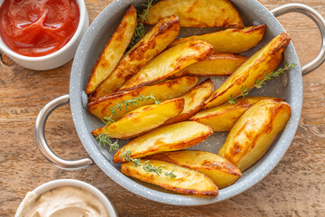 Oven baked potato wedges served with tomato sauce.
