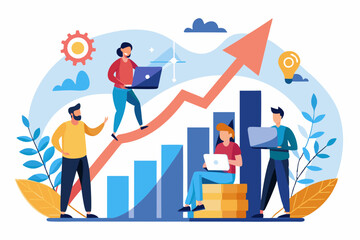 Growth strategy, team collaboration to grow business success, teamwork or partnership to develop or improve work efficiency concept, businessman and woman employee team help grow rising arrow chart.
