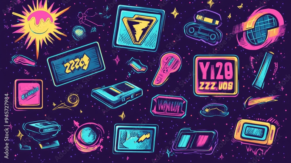 Fototapete vector set of retro y2k labels and tags with a futuristic flair. includes funky cartoon patches, sti