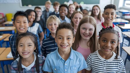Obraz premium Smiling multiethnic cool kids boys and girls friends posing for group portrait together.
