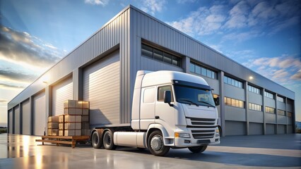 A sleek, modern truck parked in front of a warehouse, with boxes and pallets nearby, symbolizing efficient and streamlined logistics for a growing business.
