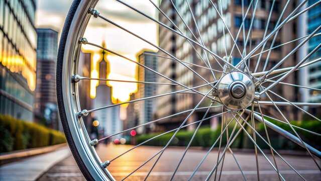 A sleek, silver bicycle wheel with a stylized, curved logo emblazoned on the hub, set against a blurred, urban background with a hint of motion.