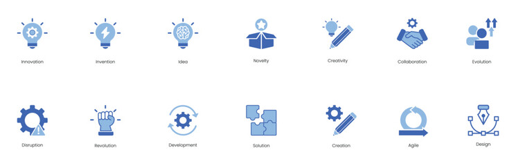 Innovation, Invention, Idea, Novelty, Creativity, Collaboration, Evolution, Disruption, Revolution, Development, Solution, Creation, Agile, Design Vector Icon Set