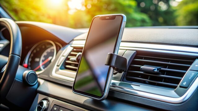 A sleek car phone holder securely fastens to the air vent, cradling a smartphone at a comfortable viewing angle for safe navigation and entertainment.