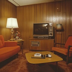 Retro Living Room: A vintage living room with wood paneling, a retro television, and plush orange furniture. Perfect for evoking nostalgia and a sense of bygone eras. 