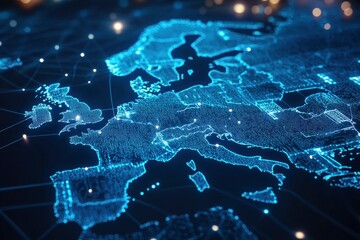 dynamic digital world map emphasize Western Europe continental for AI powered global network connectivity big data transfer cyber technology network information exchange and telecommunication , ai