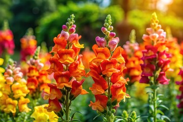 Vibrant orange and yellow snapdragons bloom in a lush green garden bed, their dragon-shaped flowers standing tall amidst delicate foliage on a sunny afternoon.