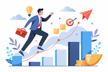 Vision to see next goal, motivation to success, forecast and business prediction, challenge to be better and achieve success concept, confidence businessman step on rise up graph look for next goal
