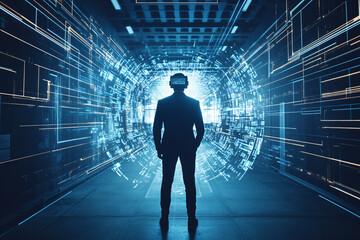Obraz premium The Future is Now: A lone businessman in a suit and VR headset, stands confidently in the center of a futuristic, digital landscape, ready to explore the boundless possibilities of virtual reality. Th