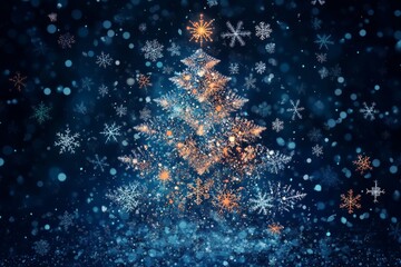 Creative Christmas tree made of white snowflakes with red ornaments, against a dark teal background, offering a unique holiday design.