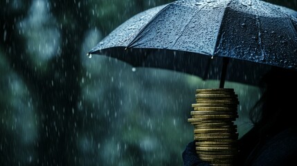 A stack of coins is held under an umbrella in the rain.